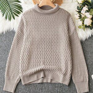 Mocha Brown Casual Womens Turtleneck Drop Shoulder Sweater